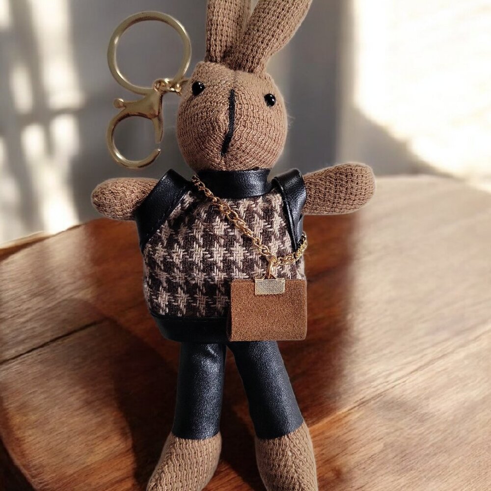 ❤️7" Bunny Keychain Bag Charm Wearing Houndstooth Sweater & Crossbody Purse - Picture 4 of 9